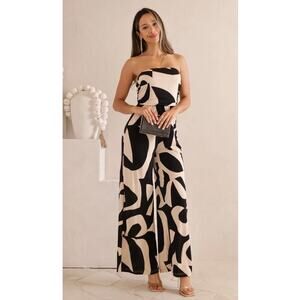 Derek Heart Strapless Black & Beige Wide Leg Jumpsuit SZ Medium